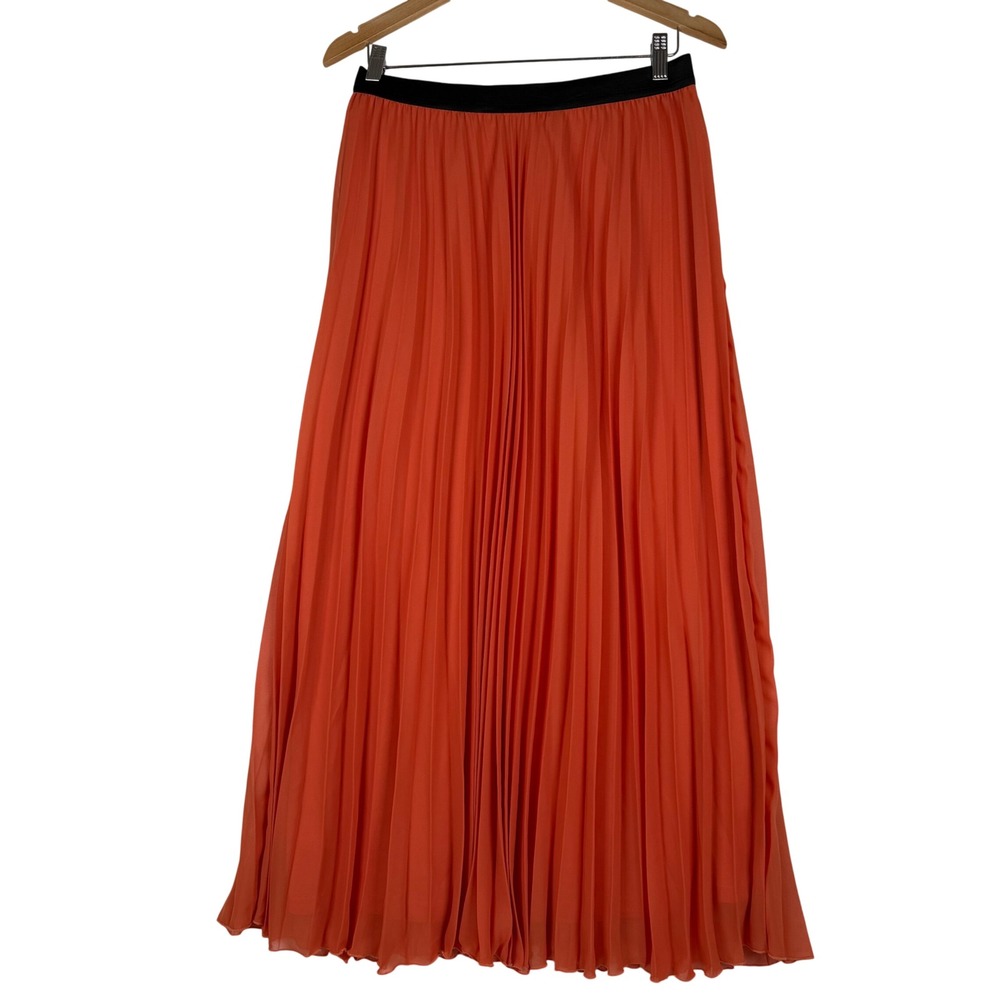 WD·NY Pleated‎ Maxi Skirt Women L Orange Accordion Elastic Waist Lined